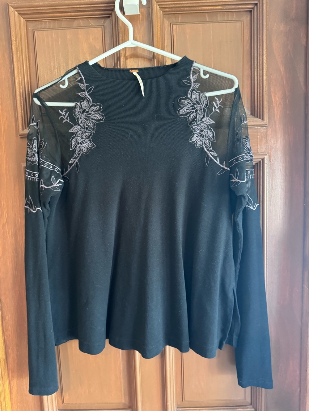 Free People Black Floral Embroidered Mesh-Panel Long Sleeve Top
